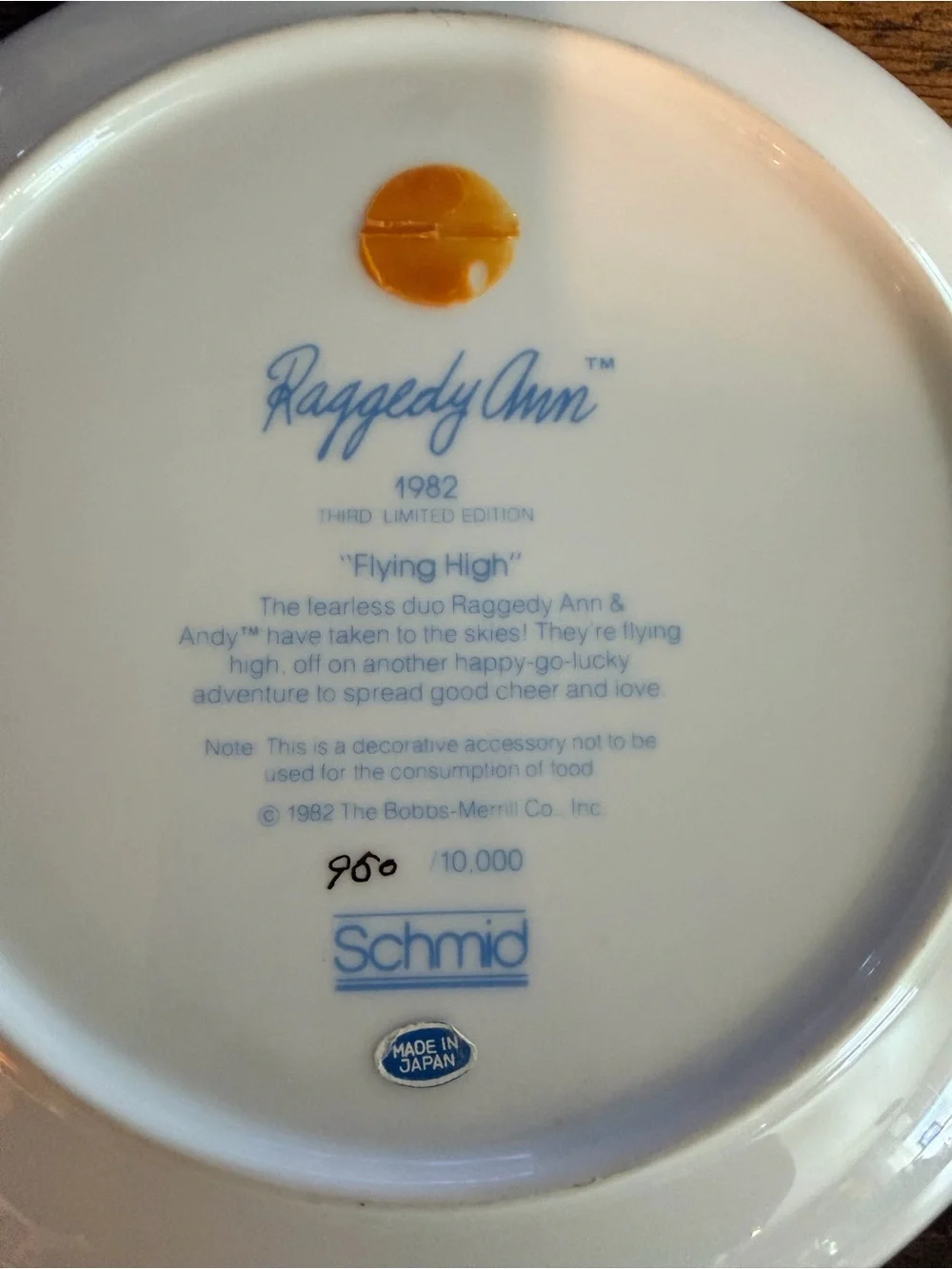 1982 Raggedy Ann and Andy “Flying High” Ceramic Collectible Plate